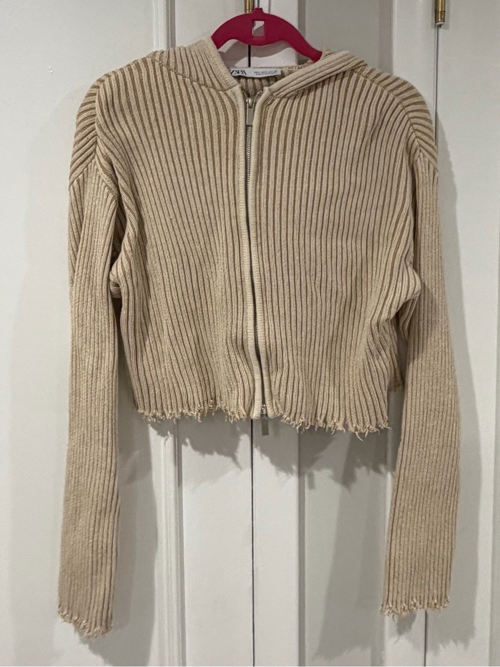 Zara Cream Ribbed Zip-Up Hoodie